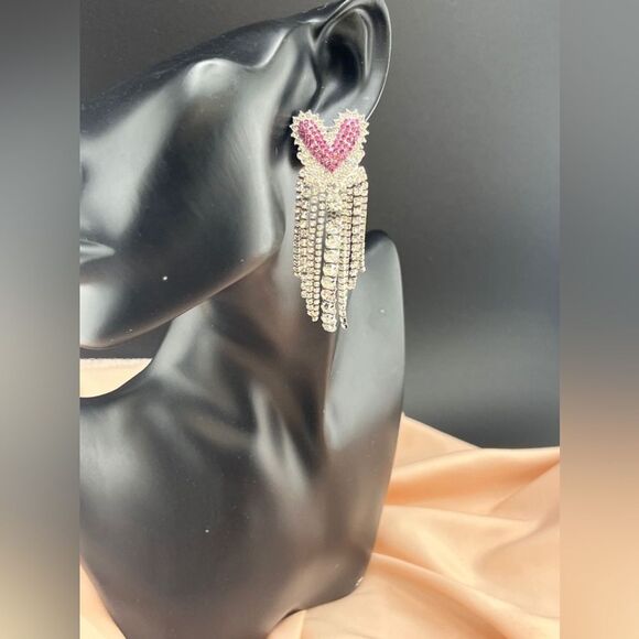 Glamorous Heart-Shaped Drop Earrings with Rhinestone Fringe - Picture 7 of 8